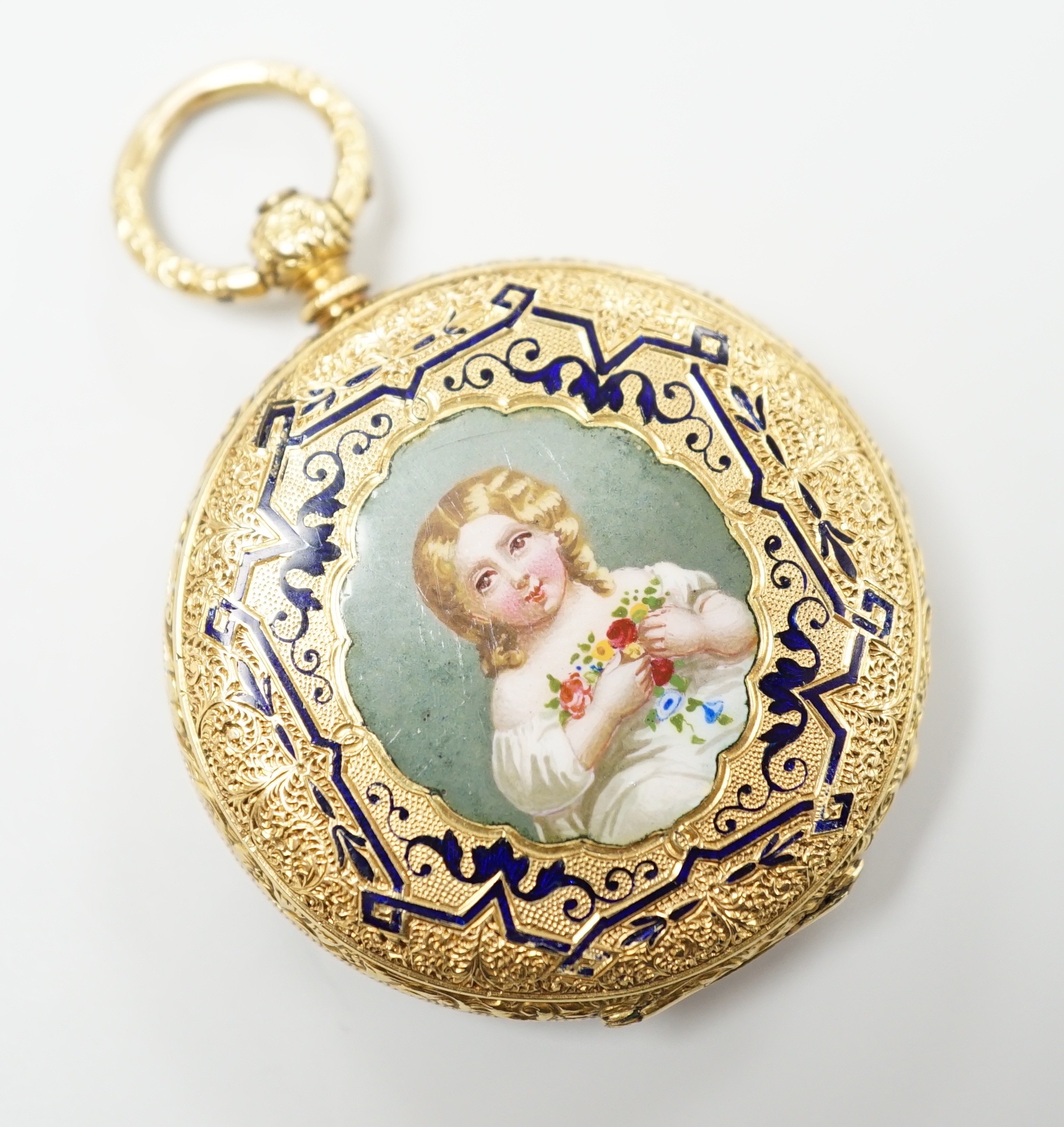 An early 20th century Swiss 18k and enamelled fob watch, decorated with the bust of a young girl and flowers verso, case diameter 33mm, gross weight 27.3 grams.